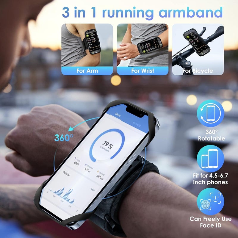 Cikyner Running Armband, 3 in 1 360° Rotatable & Detachable Sports/Bicycle Phone Holder for 4.5-7'' Smartphones, Ideal for Gym, Jogging, Hiking - Image 3